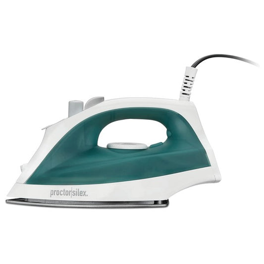 White and teal Proctor Silex steam iron with black soleplate and ergonomic handle—featuring a central temperature dial and rear power cord with strain relief.