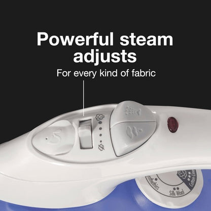 White and blue Proctor Silex steam iron with a pointed soleplate, temperature dial, steam control knob, and rear power cord—designed for garment care and ironing.