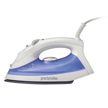 White and blue Proctor Silex steam iron with a pointed soleplate, temperature dial, steam control knob, and rear power cord—designed for garment care and ironing.