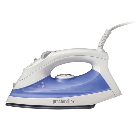 White and blue Proctor Silex steam iron with a pointed soleplate, temperature dial, steam control knob, and rear power cord—designed for garment care and ironing.