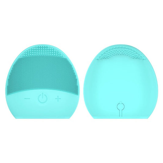 Handheld rechargeable silicone facial cleansing brush, typically egg-shaped, shown vibrating for deep pore cleansing and gentle exfoliation.

