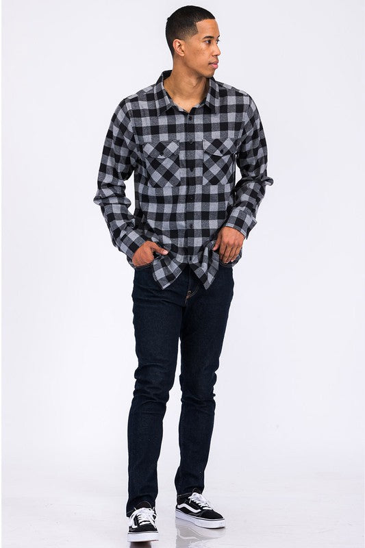 The regular-fit checker plaid flannel long-sleeve is a comfortable, breathable shirt featuring a classic plaid pattern and a relaxed silhouette suitable for everyday wear.