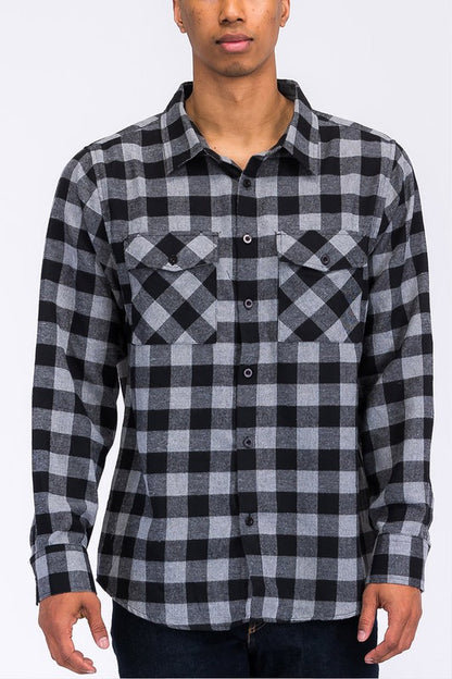 The regular-fit checker plaid flannel long-sleeve is a comfortable, breathable shirt featuring a classic plaid pattern and a relaxed silhouette suitable for everyday wear.