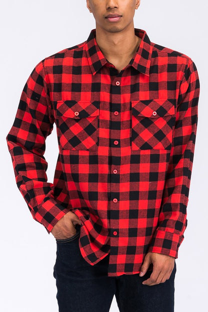 The regular-fit checker plaid flannel long-sleeve is a comfortable, breathable shirt featuring a classic plaid pattern and a relaxed silhouette suitable for everyday wear.