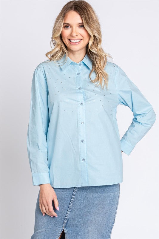 Plus-size button-up shirt adorned with shimmering rhinestones for a glam twist on a classic.