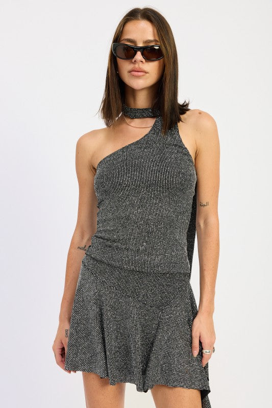 Stylish ribbed one-shoulder top with attached scarf detail.