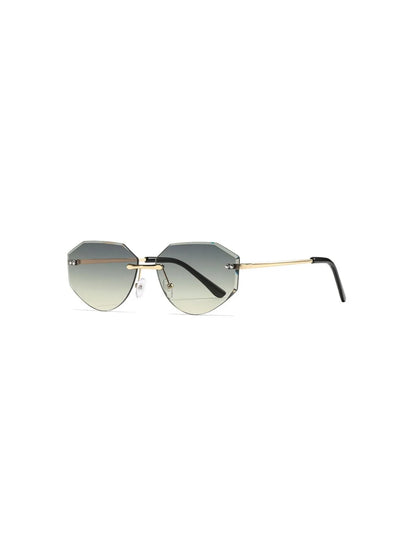 Rimless geometric sunglasses with a gold frame and stylish gradient lenses.