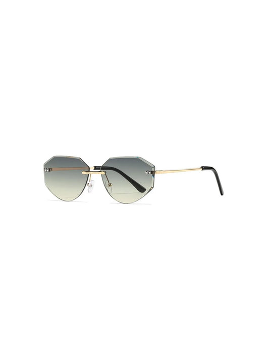 Rimless geometric sunglasses with a gold frame and stylish gradient lenses.