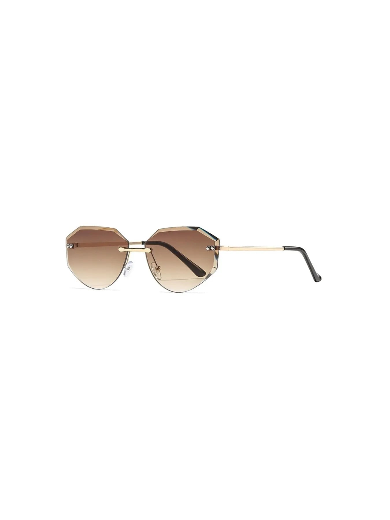 Trendy rimless sunglasses featuring a gold frame and warm brown gradient lenses.