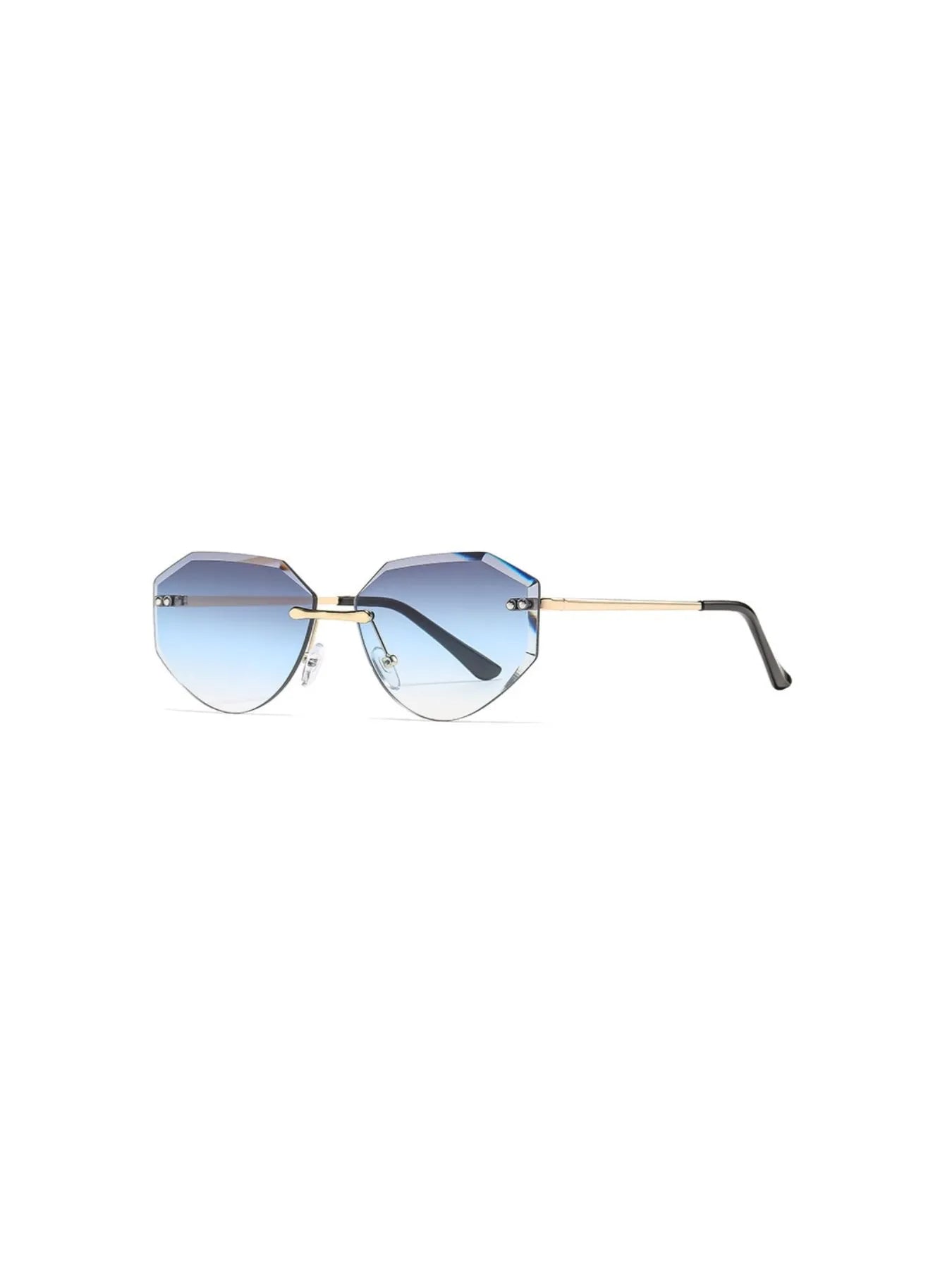 Fashionable rimless geometric sunglasses with a gold frame and cool blue gradient lenses.