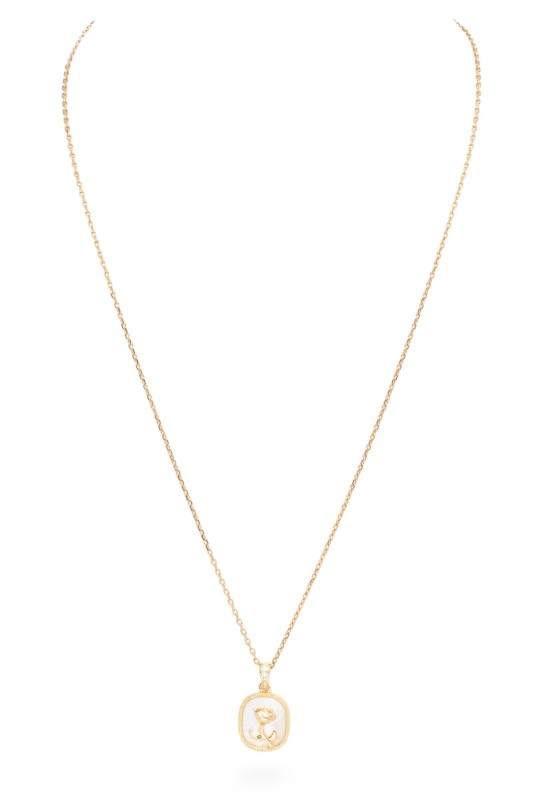 A gold necklace with a pendant. The pendant is square-shaped with rounded corners, has a gold border, and features a gold rose design with a tiny green gem on the stem.