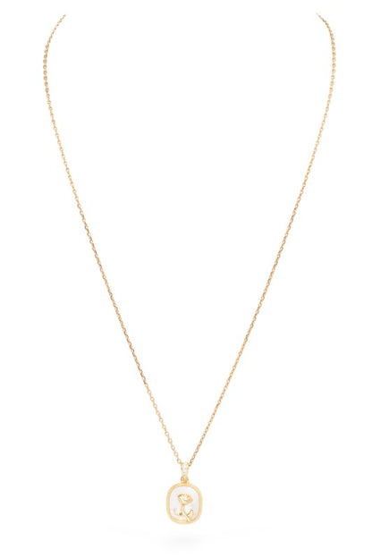 A gold necklace with a pendant. The pendant is square-shaped with rounded corners, has a gold border, and features a gold rose design with a tiny green gem on the stem.
