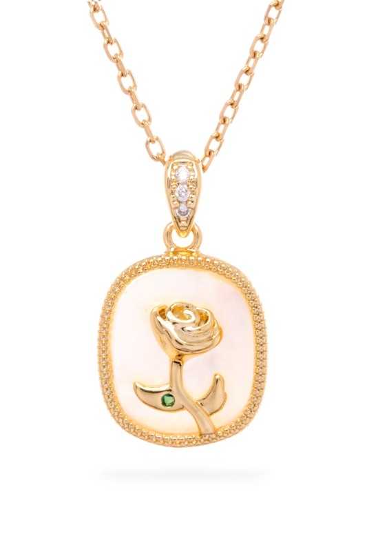 A gold necklace with a pendant. The pendant is square-shaped with rounded corners, has a gold border, and features a gold rose design with a tiny green gem on the stem.
