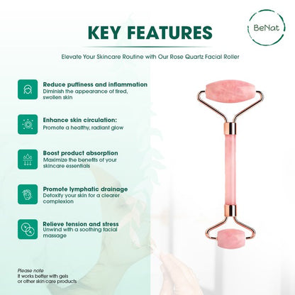 Rose Quartz Facial Roller with dual-ended design for facial massage and skincare enhancement

