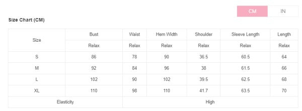 Size chart in centimeters 