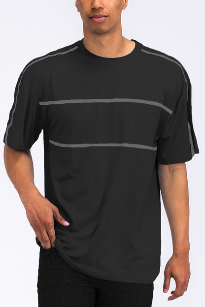 This round-neck tape stripe T-shirt combines a clean, classic silhouette with subtle tonal tape detailing along the neckline for a stylish, elevated everyday look.