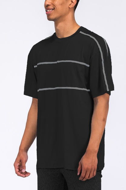 This round-neck tape stripe T-shirt combines a clean, classic silhouette with subtle tonal tape detailing along the neckline for a stylish, elevated everyday look.