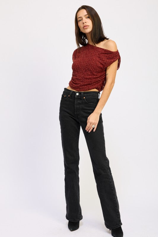 Ruched design enhances curves with a flattering fit.