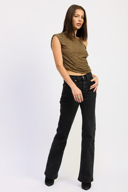 Stylish blend of romantic lace and modern asymmetry.