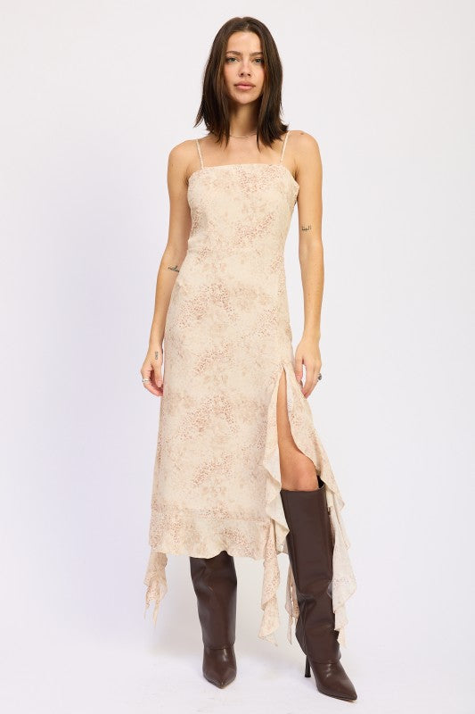 Elegant ruffle midi dress with chic back tie detail.