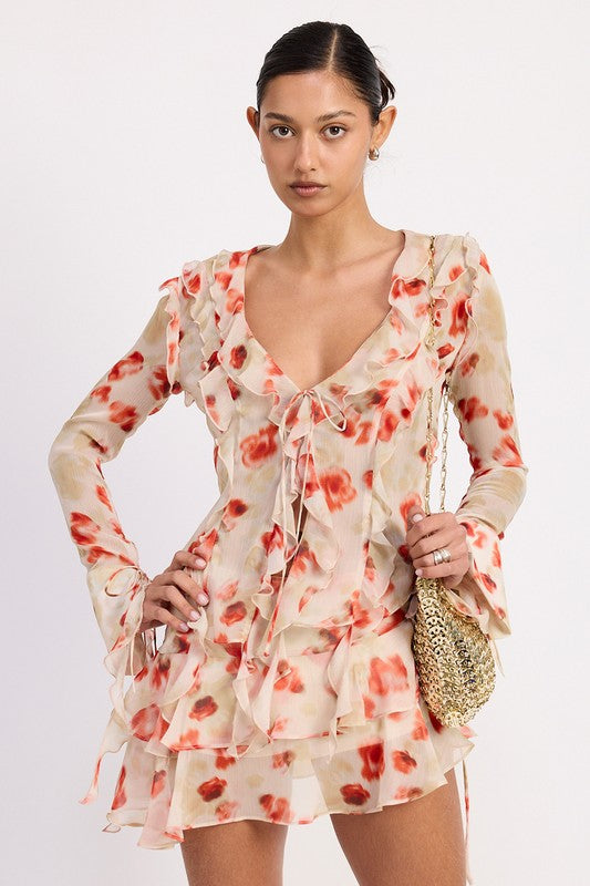 Sheer tomato floral print on a lightweight 100% polyester fabric, perfect for layering or breezy summer days. 