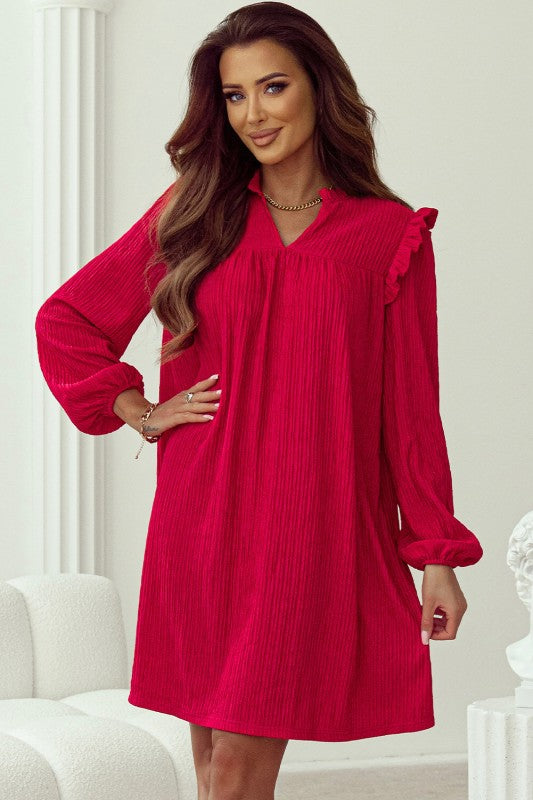 Mini dress style, made from a soft stretch blend (≈ 95% polyester, 5% elastane), perfect with boots or sandals. 