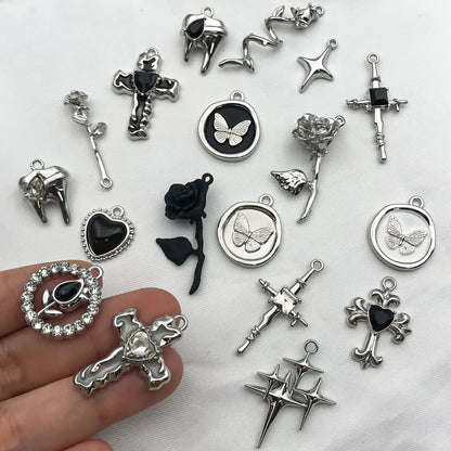 5Pcs Metal Alloy Charms Black Series Sweet and Cool Style Butterfly Cross Flower Shape Pendants Decorations For Jewelry Making
