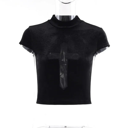 Goth Dark Cross Sheer Mall Gothic Women T-shirts Grunge Aesthetic Punk Sexy Emo Black Top Streetwear Fashion Alternative Clothes