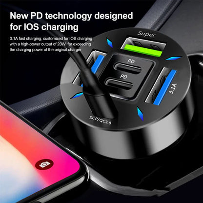 6 Ports USB Car Charger 66W PD USB Type C Quick Charge Car Phone Charger for Samsung Huawei Xiaomi iphone