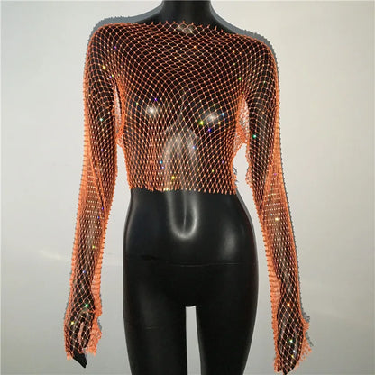 Autumn Women Sexy See Through Fishnet T Shirt Glitter Rhinestone Hollow Mesh Long Sleeve Crop Tops Nightclub Party Festival Top