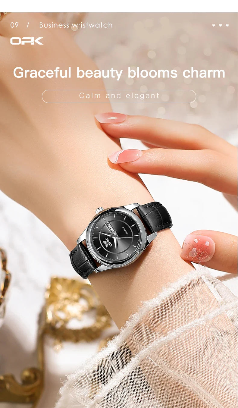 OPK 6022 Women's Watches Elegant Fashion Small Quartz Wristwatch for Ladies Waterproof  Leather Strap Dual Calendar Display
