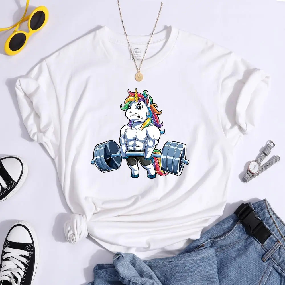Funny Gym Unicorn Fitness Cute Prints Women T-shirt Summer Casual Short Sleeve Street Loose Breathable Tee Clothes