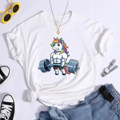 Funny Gym Unicorn Fitness Cute Prints Women T-shirt Summer Casual Short Sleeve Street Loose Breathable Tee Clothes