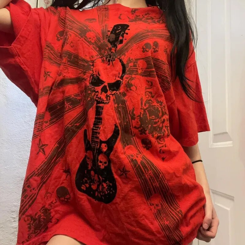 E Girl Graphic Short Sleeve Tops Gothic Skulls Print T Shirt Tees Harajuku Grunge Vintage Pullovers Y2K Retro Mall Goth Clothes