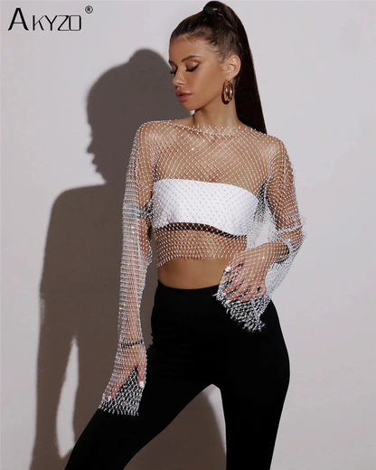 Autumn Women Sexy See Through Fishnet T Shirt Glitter Rhinestone Hollow Mesh Long Sleeve Crop Tops Nightclub Party Festival Top