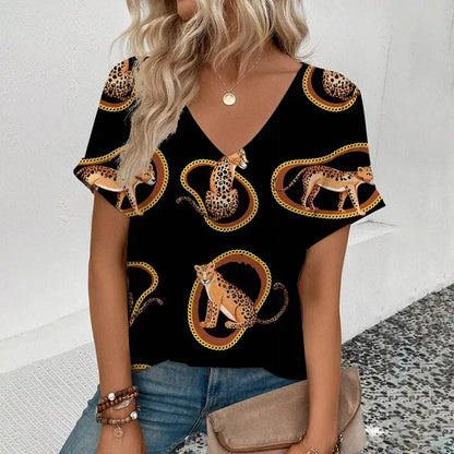 Summer clothing V-neck sexy leopard print T-shirt animal pattern women's shirt short sleeve street Korean style women's clothing
