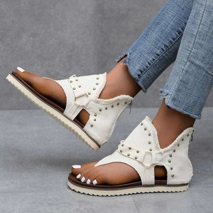 Summer New Style Rivet Sandals Womens Fashion Zipper Flat Retro Flip-flops Comfortable Clip-toe Beach Sandalias for Women
