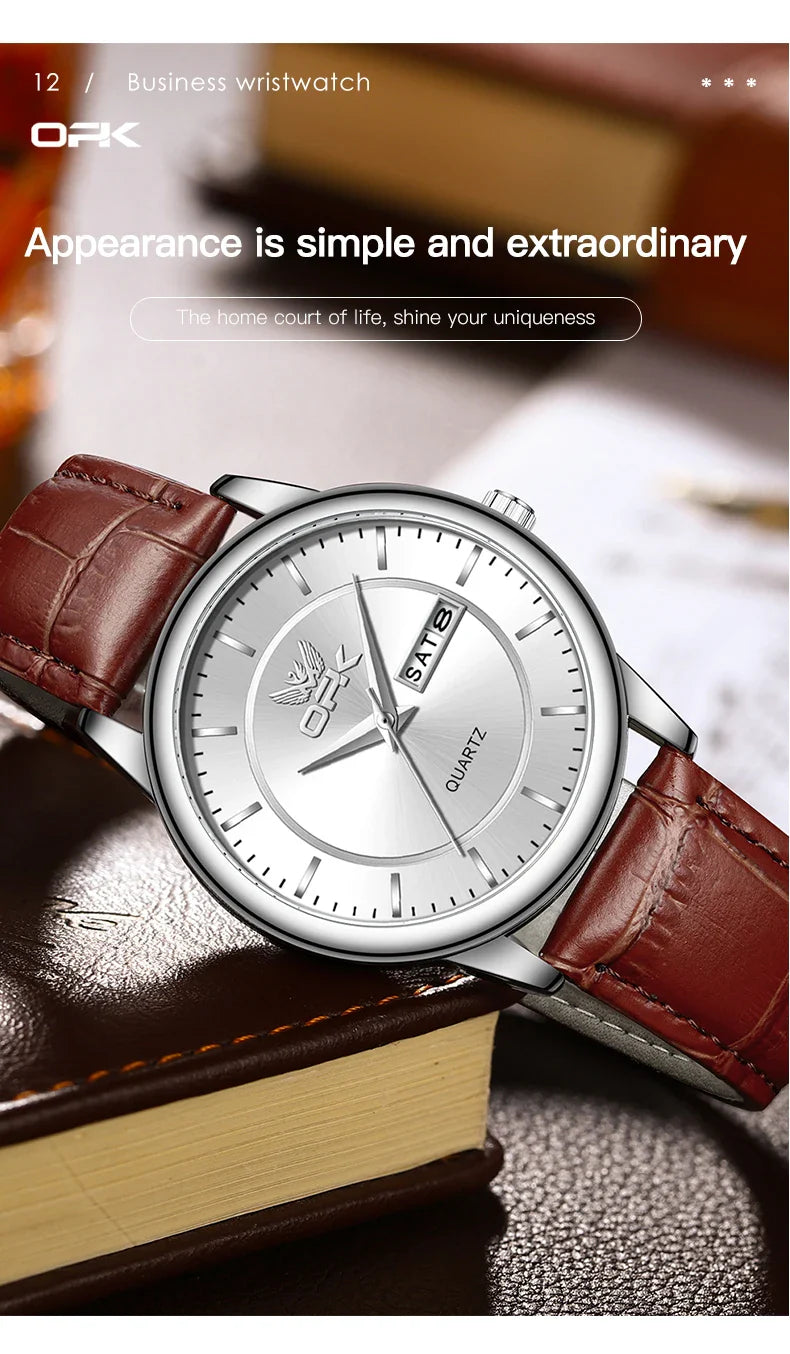 OPK 6022 Women's Watches Elegant Fashion Small Quartz Wristwatch for Ladies Waterproof  Leather Strap Dual Calendar Display