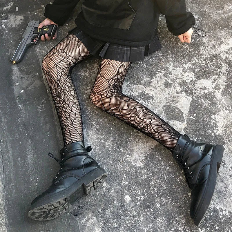 Classic Lolita Hollowed Out Lace Mesh Stockings Bottomed Pantyhose Women Gothic Punk Retro Spider Web Tights