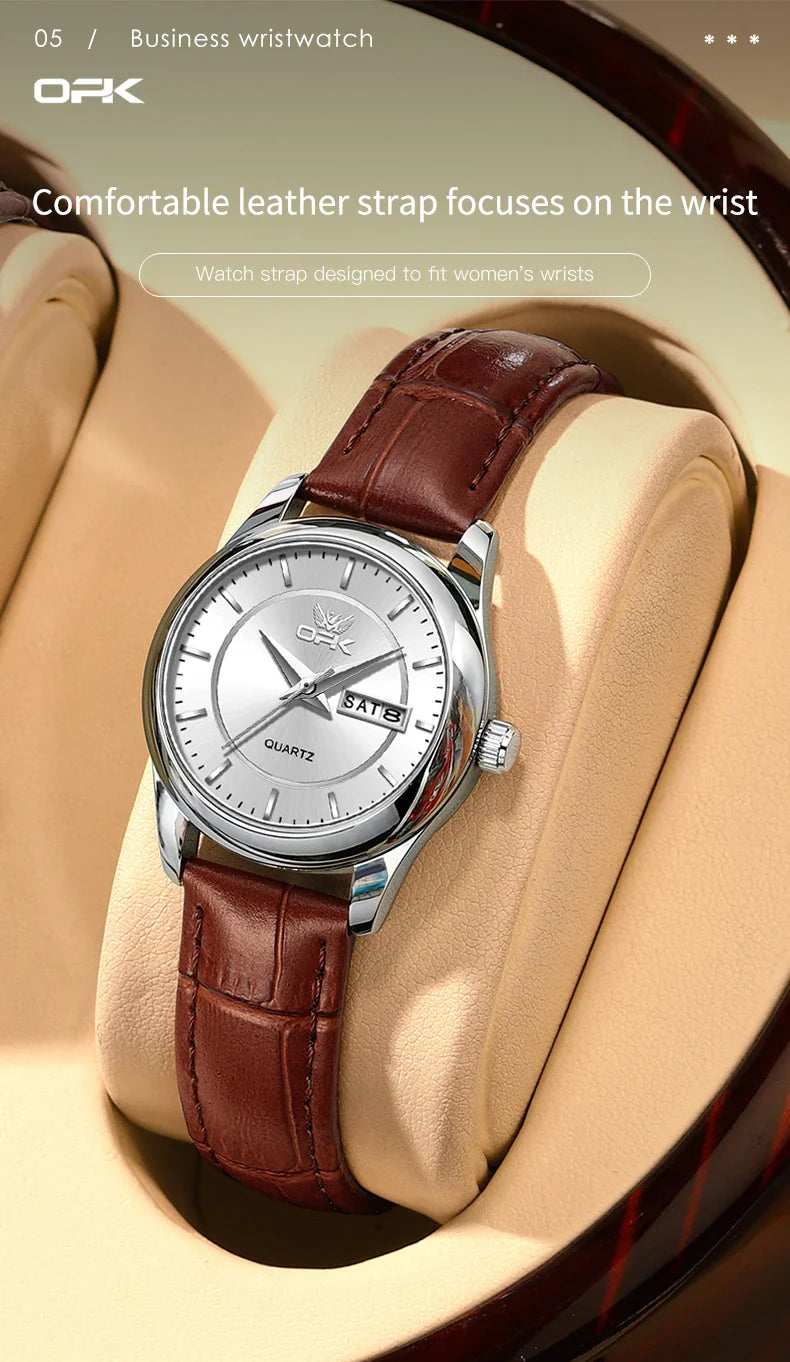 OPK 6022 Women's Watches Elegant Fashion Small Quartz Wristwatch for Ladies Waterproof  Leather Strap Dual Calendar Display