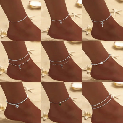 Summer Shiny Sparkling Simple Silver Color Anklet Zircon Cross Love Pearl Double Layer Bracelet On Leg Foot Trendy Beach Jewelry