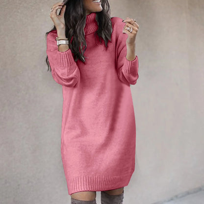 Women Fahsion Sweater Dress Autumn Solid Color Long Sleeve Turtleneck Pullover Mini Dresses Elegant Lady Knitted Party Vestidos
