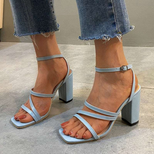 New Summer Womens High Heels Fashion All-match Square Toe Chunky Heel Sandals Sexy Banquet Solid Color Simple High Heels