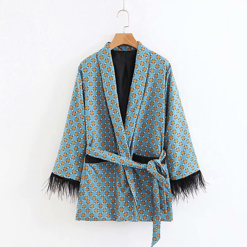 Women&#39;s Suits Sunc Spring LOOSE Blue Printed Kimono Jacket with Feather Sleeves Wide Leg Pants Two-piece Viintage Clothing Suits