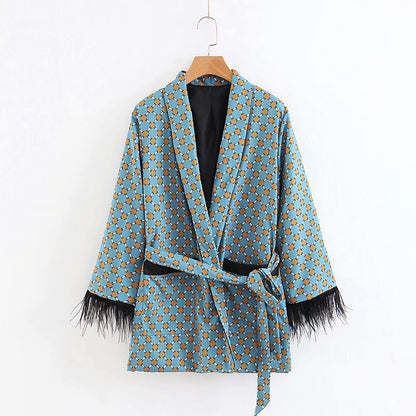 Women&#39;s Suits Sunc Spring LOOSE Blue Printed Kimono Jacket with Feather Sleeves Wide Leg Pants Two-piece Viintage Clothing Suits