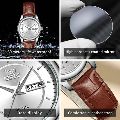 OPK 6022 Women's Watches Elegant Fashion Small Quartz Wristwatch for Ladies Waterproof  Leather Strap Dual Calendar Display