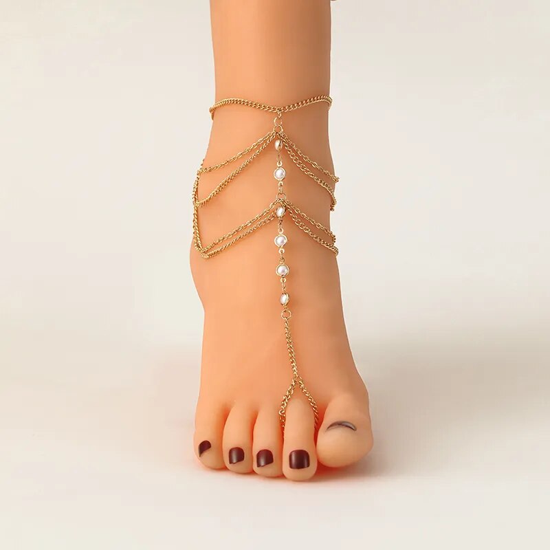 New 1 Set Multi-Layer Pearl Anklet Fashion Gold Color Ankle Bracelets For Women Beach Barefoot Foot Chain Sandal Anklet Jewelry