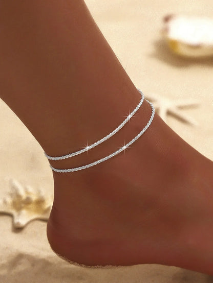 Summer Shiny Sparkling Simple Silver Color Anklet Zircon Cross Love Pearl Double Layer Bracelet On Leg Foot Trendy Beach Jewelry
