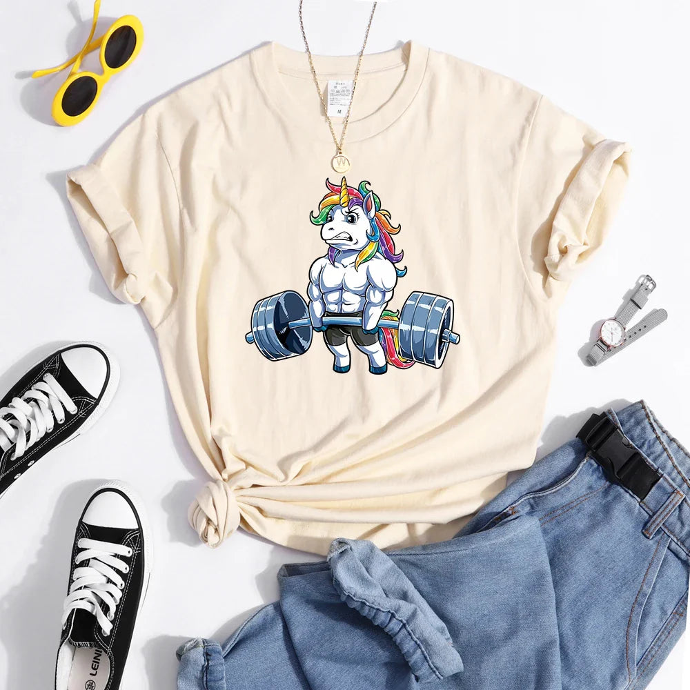Funny Gym Unicorn Fitness Cute Prints Women T-shirt Summer Casual Short Sleeve Street Loose Breathable Tee Clothes