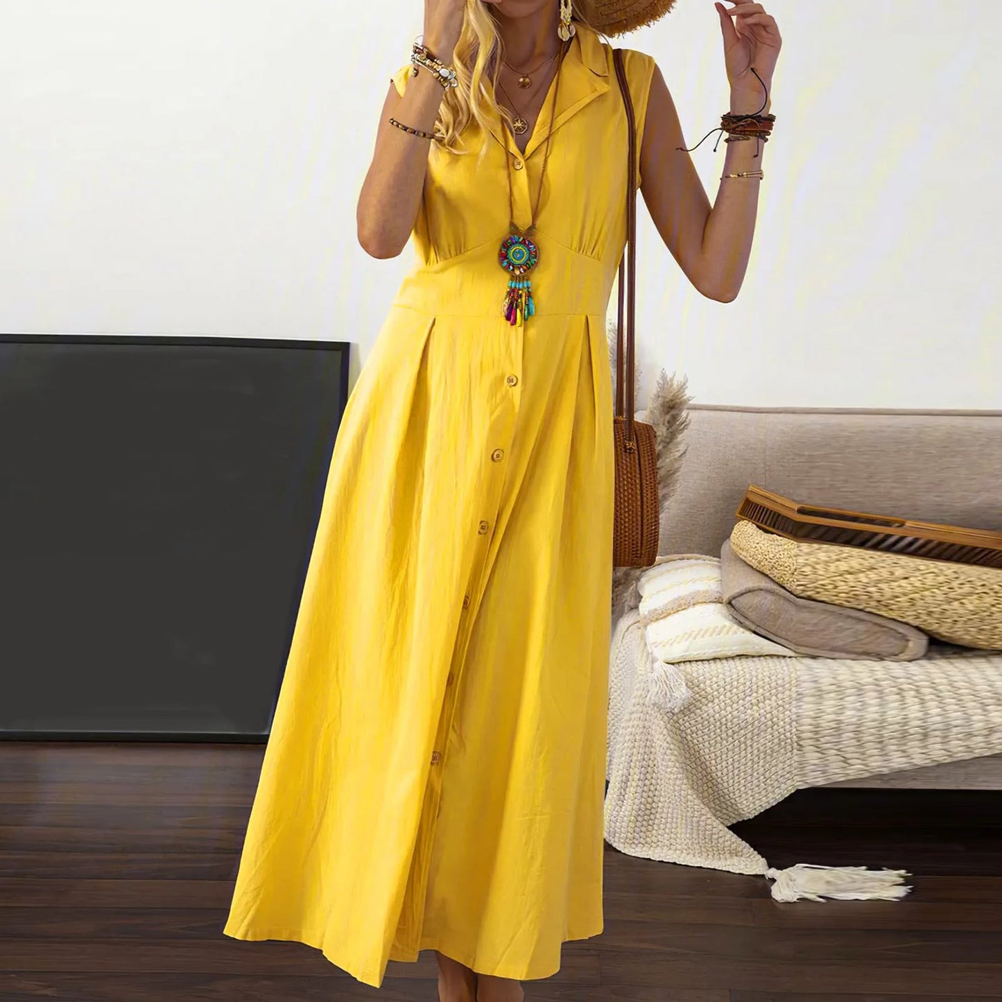 Casual Loose Sleeveless Shirt Dress Solid Color Button Cotton Linen Blend Dress Elegant Vacation Holiday Dresses платье женское